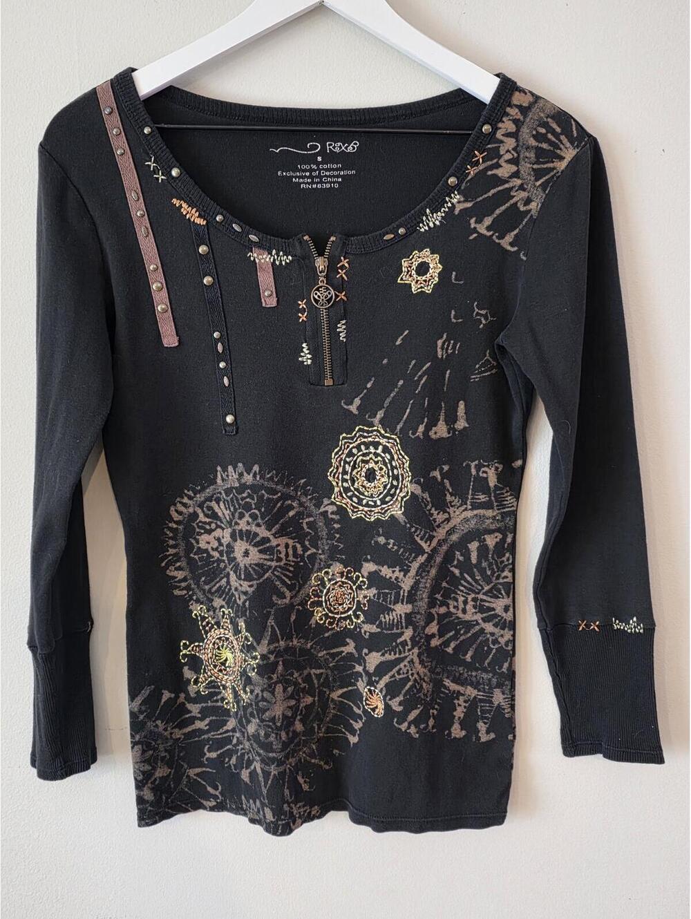 REX B Bohemian Graphic Long Sleeve Henley Top Black Size Small 100% Cotton
